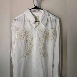 Vintage Y2K Elegant White and Gold Men's Dress Shirt Embroidered Party XXL